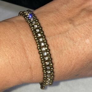 BRASS COLOR SEED BEAD AND RHINESTONE BROWN CORD ADJUSTABLE BRACELET